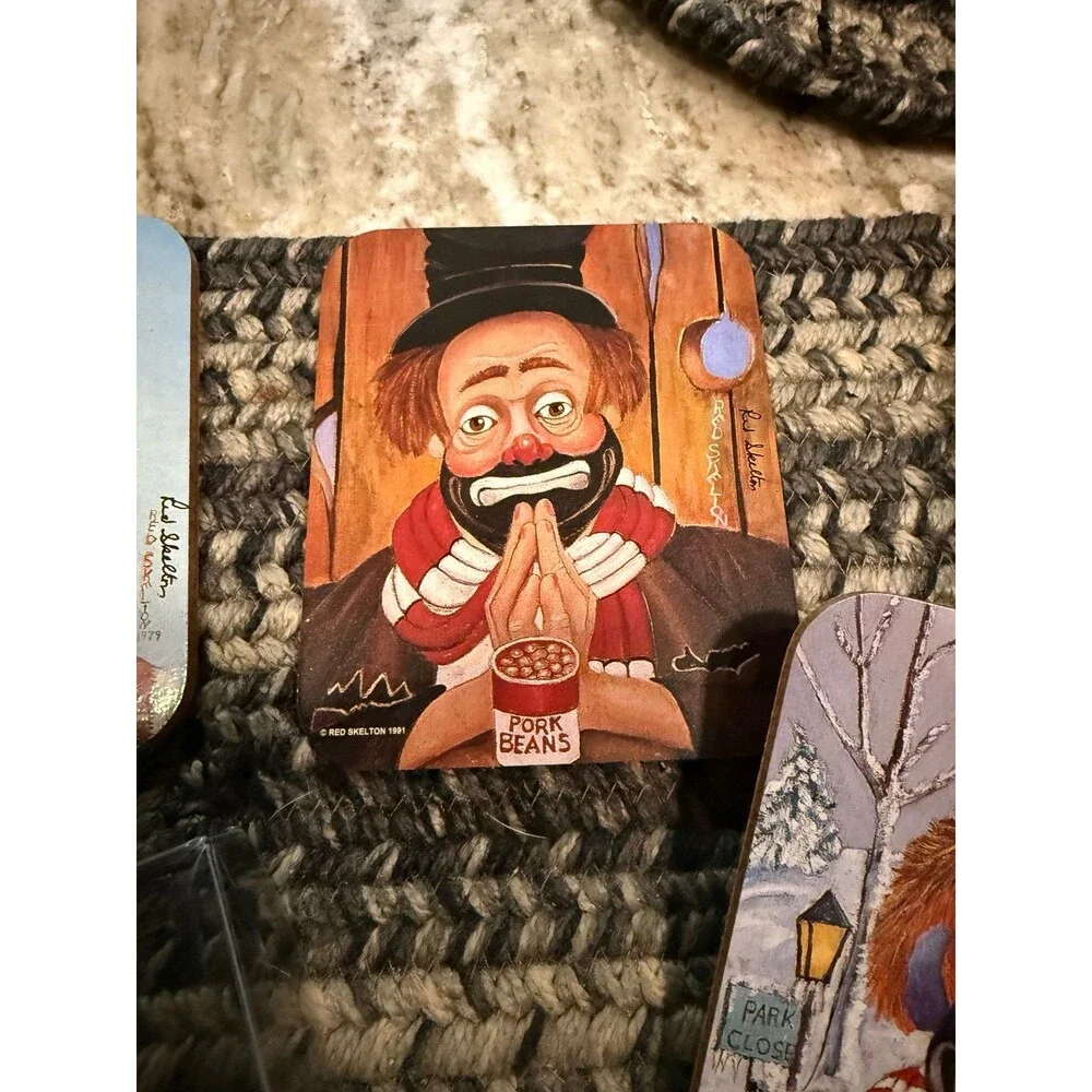 Vintage Coasters RED SKELETON Freddies Birthday Clowns RARE 4pc Cork Back